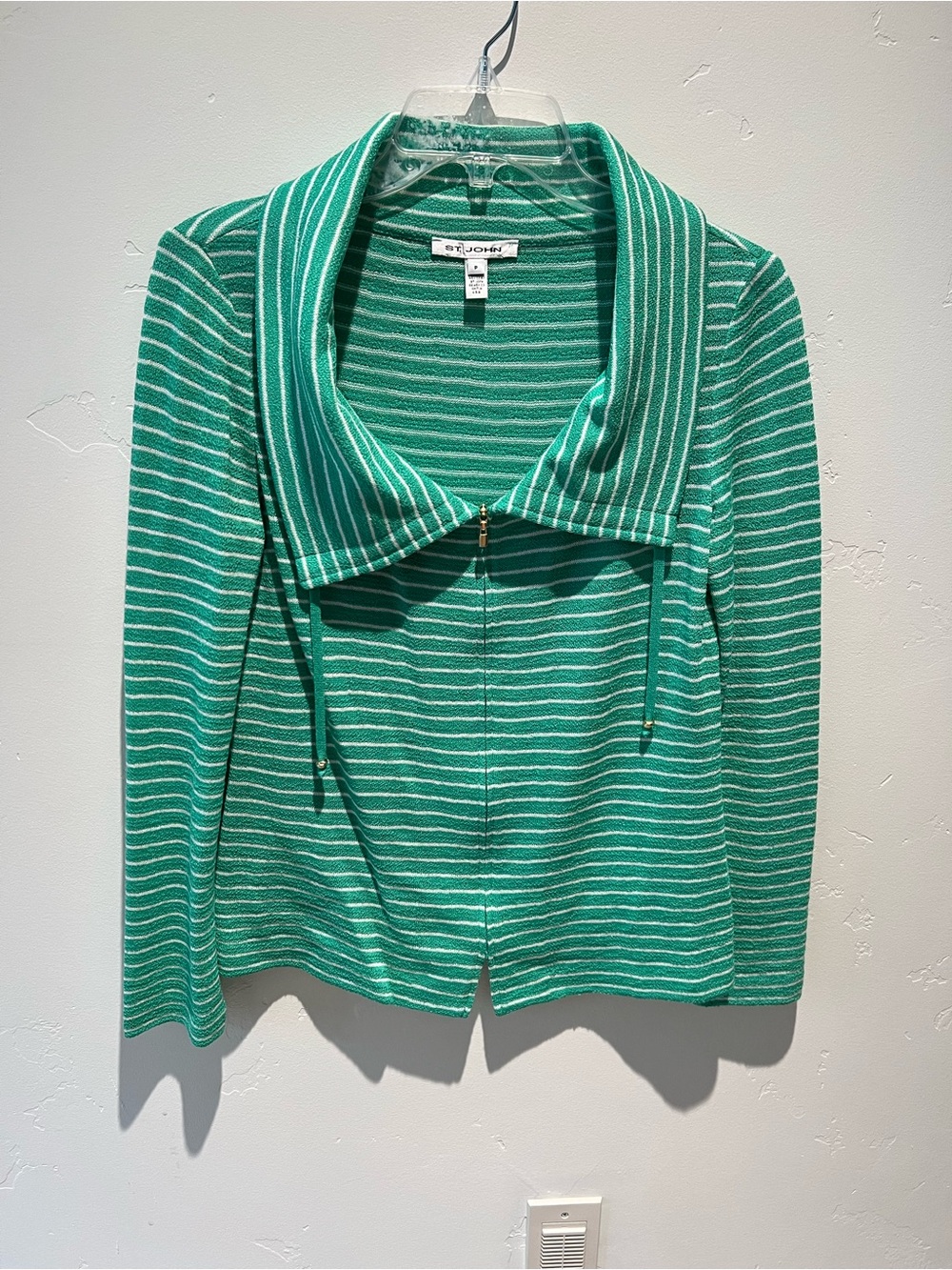 St. John Petite Green White Striped Wool Blend Zip Knit Sweater